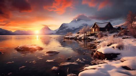 Premium AI Image Fantastic Winter Landscape Dramatic Sunset Over Fjord