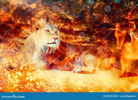 A Majestic White Lion Sits Before A Roaring Fire Embodying The Fiery