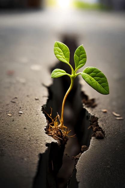 Premium Photo Small Plant Sprouting Out Of Crack In The Ground With