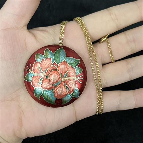 Vintage 1960s Hand painted cloisonné Hibiscus long Depop