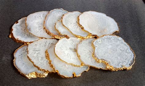 White Agate Coasters Set Of Gold Or Silver Electroplated Etsy