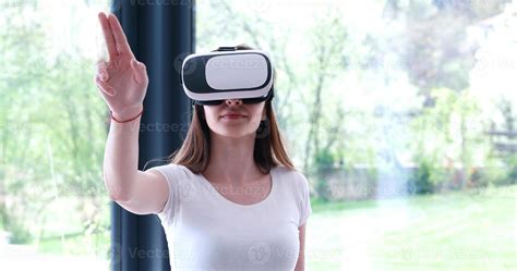 Woman Using Vr Headset Glasses Of Virtual Reality 11297947 Stock Photo