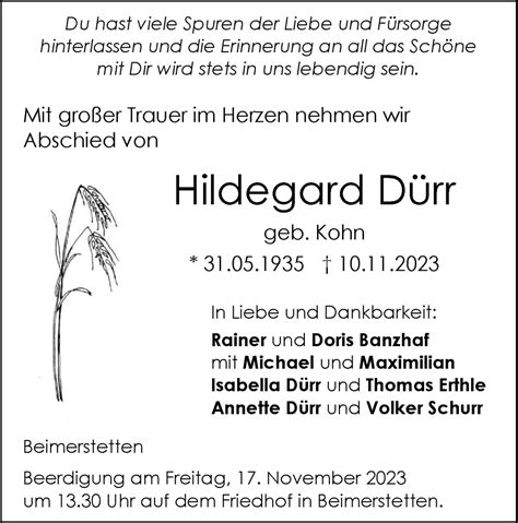 Traueranzeigen von Hildegard Dürr Südwest Presse Trauer