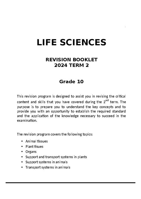 Life Sciences Grade 10 Revision Material Term 2 2023 LIFE SCIENCES