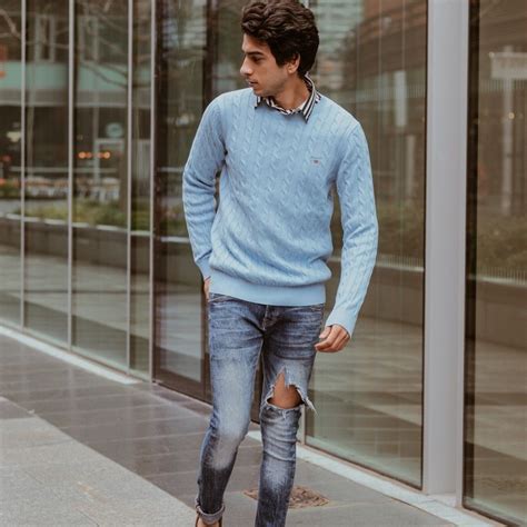 Mens Wool Knitted Light Sky Blue Sweater By Gant Mens Streetstyle