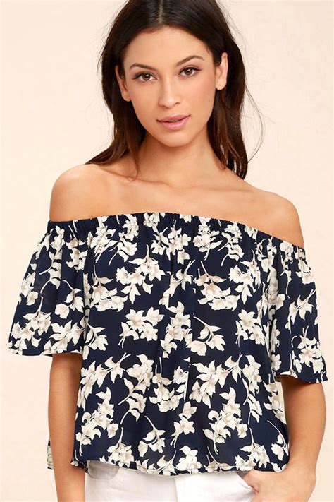 Cute Navy Blue Floral Print Top Off The Shoulder Top Blouse 42