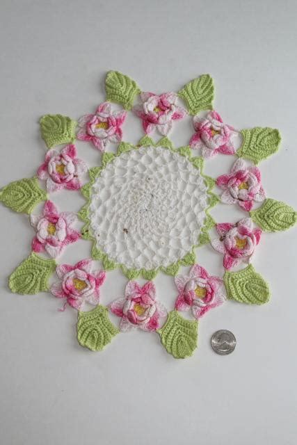 crochet flower doily lot, vintage lace doilies pretty colored thread flowers