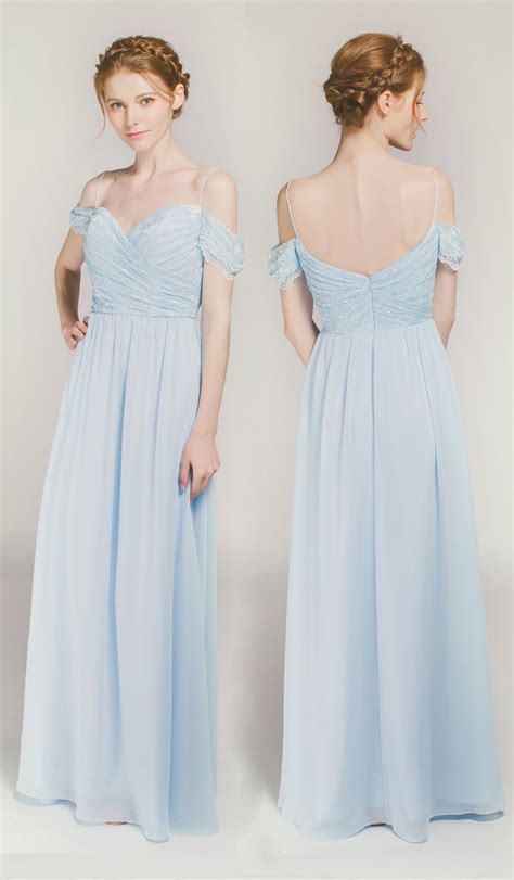 Light Blue Lace And Chiffon Off The Shoulder Bridesmaid Dresses Tbqp371