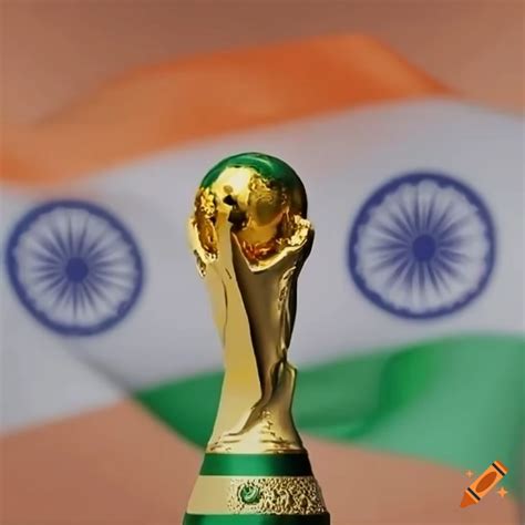 Indian Flag Waving Behind The World Cup Trophy