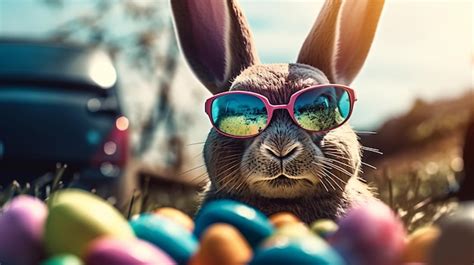 Felices Pascuas Lindo Conejito En Gafas De Sol Con Coloridos Huevos De