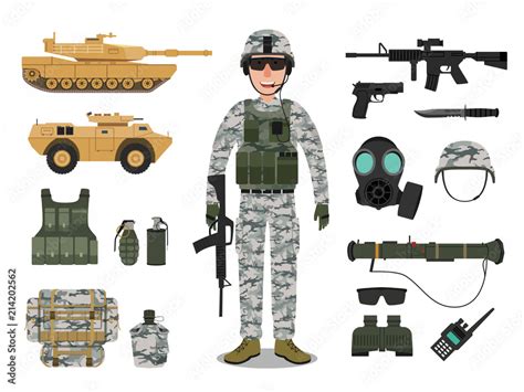 Army soldier character with military vehicle, weapons, military gear ...