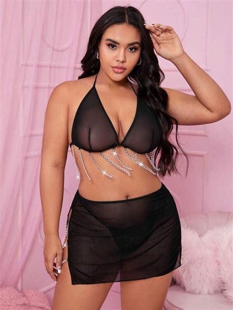 Plus Chain Fringe Hem Mesh Lingerie Set SHEIN USA