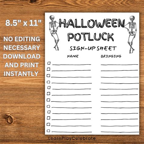 Potluck Sign Up Sheet Skeleton Halloween Sign Up Sheet Potluck Sign