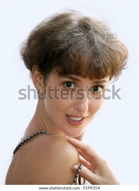 Happy Mature Topless Woman Pearl Necklace Foto De Stock