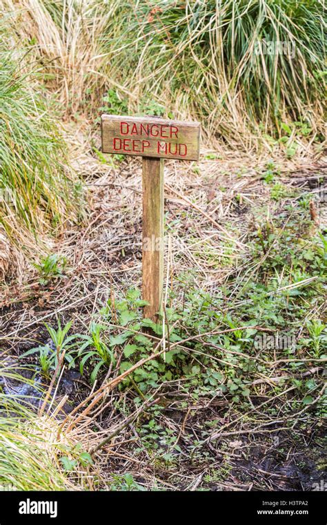 Rectangular Wooden Sign With Red Writing In Marshy Ground Danger Deep