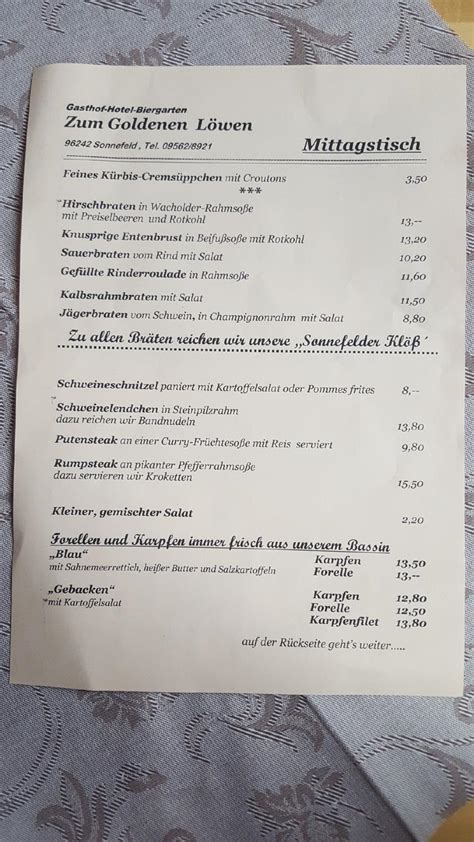 Speisekarte Von Zum Goldenen L Wen Restaurant Sonnefeld