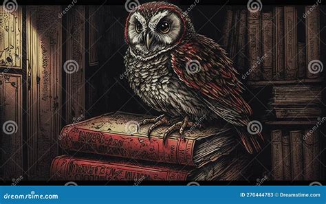 An Owl Sitting On Top Of A Pile Of Books In A Room Stock Illustration Illustration Of Hunter