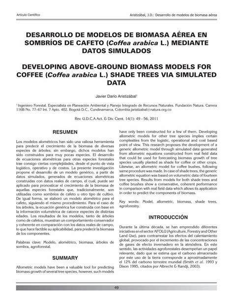 PDF DESARROLLO DE MODELOS DE BIOMASA AÉREA EN cafetos y DAP para