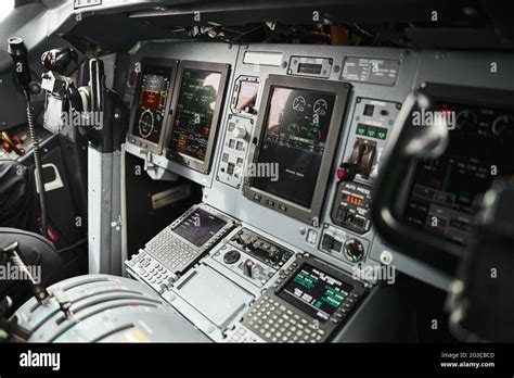 Pilot cabin interior of passenger airplane jet Stock Photo - Alamy