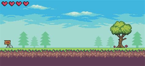 Pixel Art Arcade Game Scene With Life Bar Trees Board And Clouds Bit