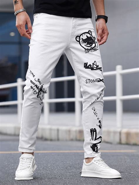 Men Slogan And Cartoon Graphic Jeans Roupas Masculinas Na Moda Denim