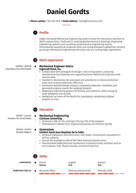 Mechanical Engineering Intern Resume Example | Kickresume