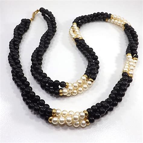 Napier Faux Pearl Black Bead Necklace Long Twisted Gem