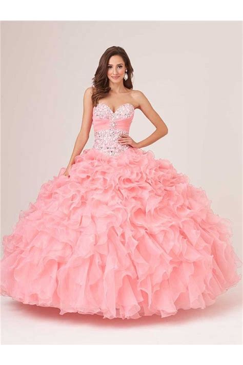 Ball Gown Baby Pink Organza Ruffle Beaded Quinceanera Prom Dress Lace