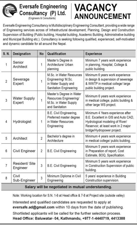 Civil Engineer Job Vacancy In Nepal Eversafe Engineering Consultancy