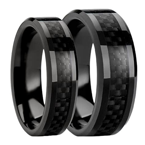 Black Titanium Couples Wedding Band Set With Black Carbon Fiber Inlay