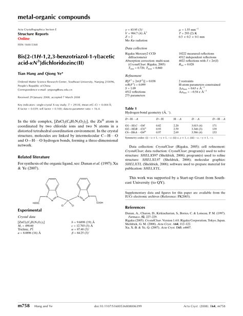 PDF Bis 2 1H 1 2 3 benzotriazol 1 yl acetic acid κN dichloridozinc II