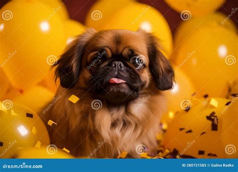 Cute Cheerful Brown Pekingese Puppy With Yellow Balloons On Birthday