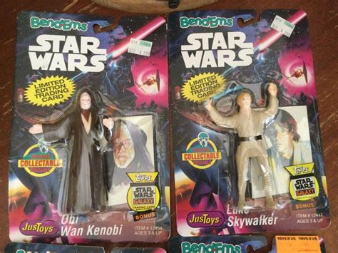 4 Vintage Star Wars Bend Ems Action Figures W Topps Card Luke Leia Obi