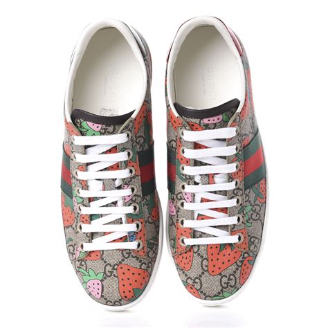 Gucci Gg Supreme Monogram Womens Ace Strawberry Sneakers 36 Red Green 613137