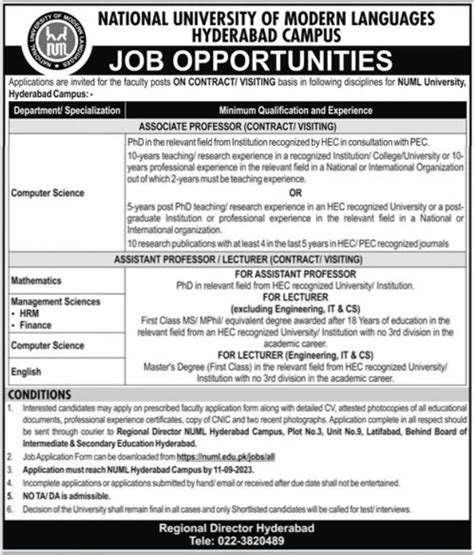 National University Of Modern Languages Numl Hyderabad Jobs Job