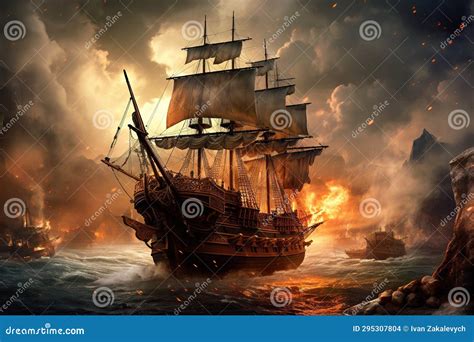 Pirate Ship With Cannon Fire In The Distance Smokeillustration Stock