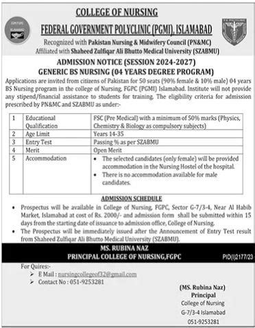 BSN Nursing Program Admissions At College Of Nursing Islamabad 2023