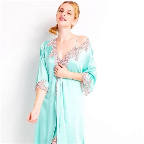 Womens Sexy Silk Robe Female Long Sleeve Sleepwear Twinset Bathrobes