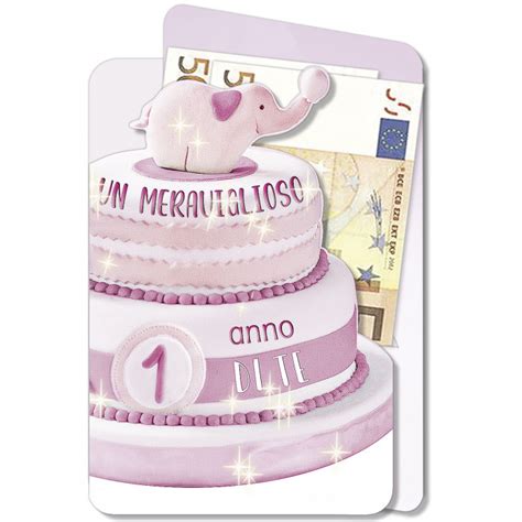 BIGLIETTO AUGURALE 1 COMPLEANNO 11 5X17 TORTA GLITTER PORTASOLDI CROMO