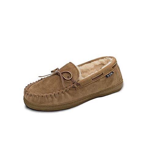 Men S Genuine Suede Leather Faux Fur Lined Moccasin Slippers Classic