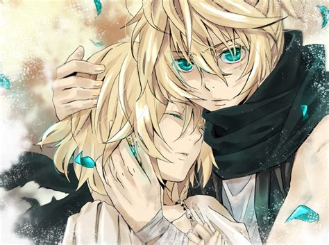 Aqua Eyes Blonde Hair Kagamine Len Kagamine Rin Male Petals Vocaloid