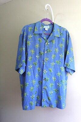 Mens L Anna Ocean Soft Blue Silk Tiki Aloha Shirt Palm Tree Button Up