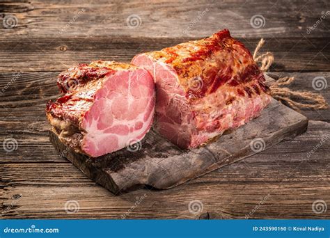 Delicious Artisanal Whole Smoked Slab Bacon On A Cutting Block Traditionally Smoked Meats On