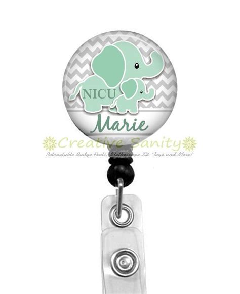 Personalized Nicu Retractable Id Badge Holder Grey Chevron Elephants