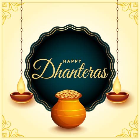 Free Vector Happy Dhanteras Festival Card With Diya And Gold Coin Pot