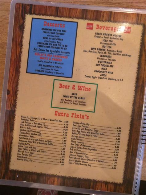 Menu At Kelley S Country Cookin Restaurant Pasadena Spencer Hwy