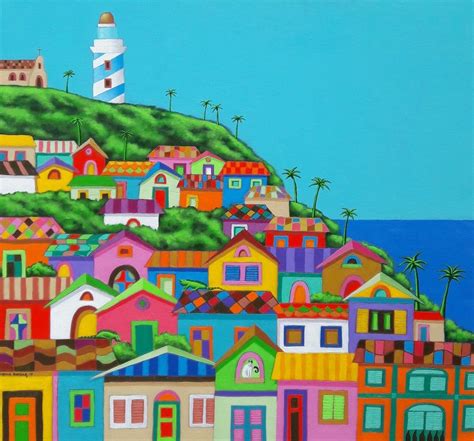 A Painting Of Colorful Houses On A Hill With A Lighthouse In The