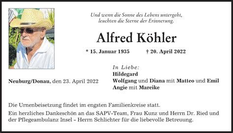 Traueranzeigen Von Alfred K Hler Augsburger Allgemeine Zeitung