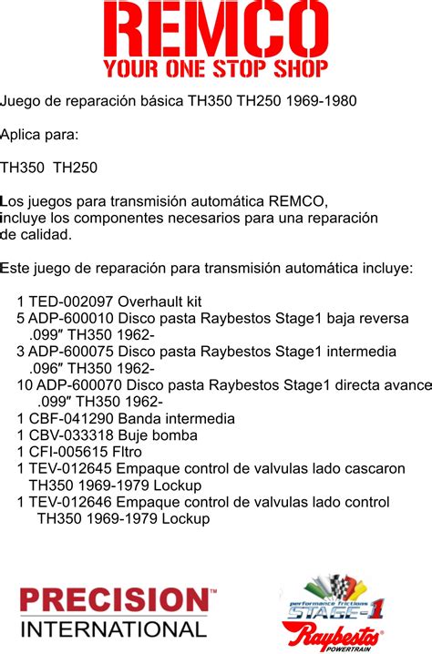 Juego Reparacion Basica TH350 TH250 1969 1980 Stage1 REMCO