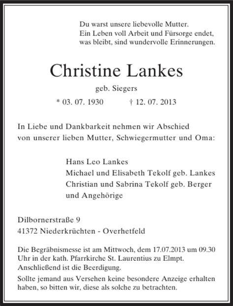 Alle Traueranzeigen für Christine Lankes trauer rp online de